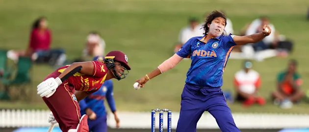 Jhulan Goswami of India bowls during the 2022 ICC Women's Cricket World Cup match between West Indies and India at Seddon Park on March 12, 2022 in Hamilton, New Zealand.