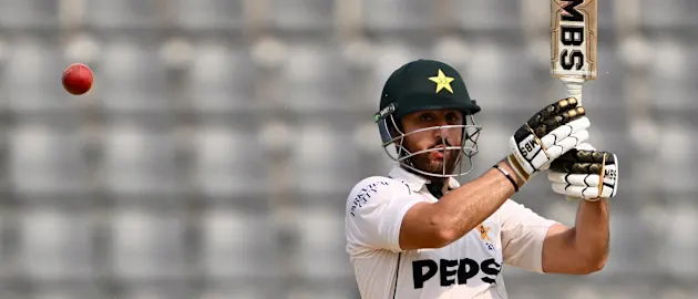 Pakistan's Salman Agha plays a shot during the fourth day of the second Test cricket match between Bangladesh and Pakistan at the Sylhet International Cricket Stadium in Sylhet.