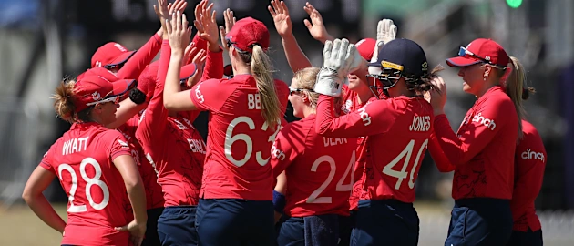 Charlie Dean of England celebrates the wicket of Amy Hunter of Ireland during the ICC Women's T20 World Cup group B match between Ireland and England at Boland Park on February 13, 2023 in Paarl, South Africa.