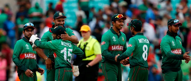 Bangladesh's players celebrate after victory over South Africa by 21 runs after the 2019 Cricket World Cup group stage match between South Africa and Bangladesh at The Oval in London on June 2, 2019.