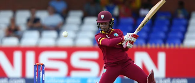 Merissa Aguilleira of West Indies plays a shot during the ICC Womens World Cup match between West Indies and Sri Lanka