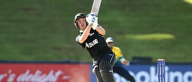 Kristian Clarke of New Zealand hits the winning runs during the ICC U19 Cricket World Cup Group A match between New Zealand and Sri Lanka at Mangaung Oval on January 22, 2020 in Bloemfontein, South Africa.