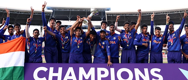 India celebrate with ICC U19 Mens World Cup Trophy