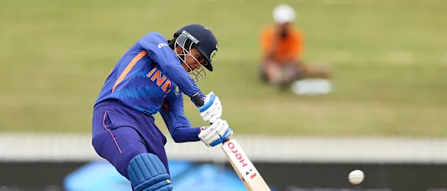 Smriti Mandhana of India bats during the 2022 ICC Women's Cricket World Cup match between West Indies and India at Seddon Park on March 12, 2022 in Hamilton, New Zealand.