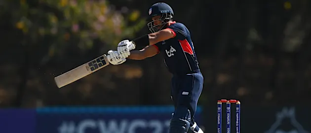 Shayan Jahangir of USA plays a shot during the ICC Men's Cricket World Cup Qualifier Zimbabwe 2023 match between the Netherlands and USA at Takashinga Cricket Club on June 22, 2023 in Harare, Zimbabwe.