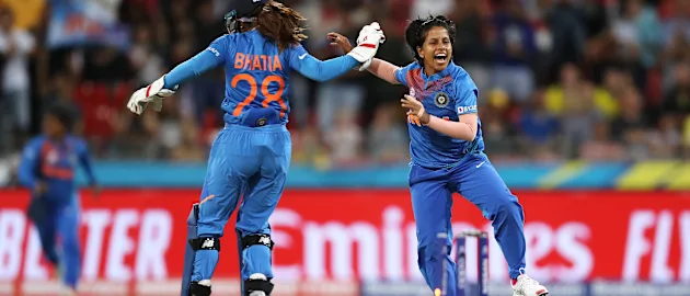 Taniya Bhatia and Poonam Yadav of India celebrate the wicket of Ellyse Perry of Australia during the ICC Women's T20 Cricket World Cup match between Australia and India at Sydney Showground Stadium on February 21, 2020 in Sydney, Australia.