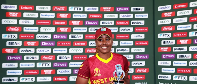 Hayley Matthews of the West Indies poses after receiving the Player of the Match award during the 2022 ICC Women's Cricket World Cup match between New Zealand and the West Indies at Bay Oval on March 04, 2022 in Tauranga, New Zealand.