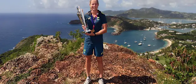 Meg Lanning, Captain of Australia poses with the trophy during the Winning Captain's Photocall - ICC Women's World T20 2018 at Shirley Heights Lookout on November 25, 2018 in Antigua, Antigua and Barbuda.