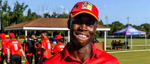Emmanuel Bawa is man of the match during the ICC U19 Cricket World Cup Plate Quarter Final 3 match between Zimbabwe and Canada at Ibbies Oval on January 28, 2020 in Potchefstroom, South Africa.