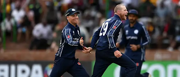 Michael Leask of Scotland celebrates the wicket of Richard Ngarava of Zimbabwe during the ICC Men's Cricket World Cup Qualifier Zimbabwe 2023 match between Zimbabwe and Scotland at Queen’s Sports Club on July 04, 2023 in Bulawayo, Zimbabwe.