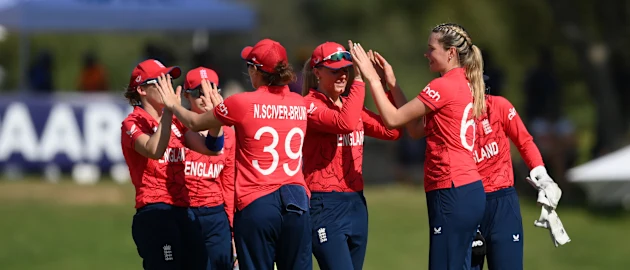 Lauren Bell of England celebrates the wicket of Arlene Kelly of Ireland during the ICC Women's T20 World Cup group B match between Ireland and England at Boland Park on February 13, 2023 in Paarl, South Africa.