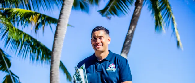 Ross Taylor with the ICC Men's T20 World Cup Trophy in Fiji