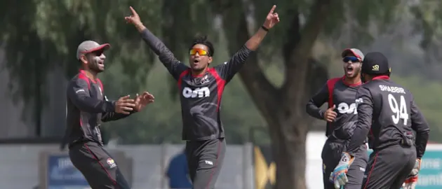 Imran Haider celebrates a wicket for UAE against Namibia during its WCL match in Windhoek