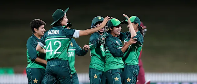 Nashra Sandhu (second from right) of Pakistan celebrates after taking the wicket of Stafanie Taylor of the West Indies during the 2022 ICC Women's Cricket World Cup match between West Indies and Pakistan at Seddon Park on March 21, 2022.