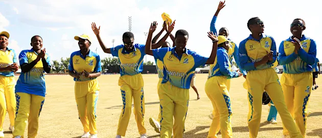 Players of Rwanda celebrate following the ICC Women's U19 T20 World Cup 2023 Super 6 match between West Indies and Rwanda at North-West University Oval on January 22, 2023 in Potchefstroom, South Africa.