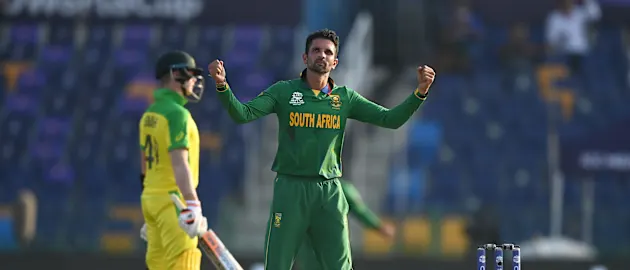 Keshav Maharaj of South Africa celebrates the wicket of Mitchell Marsh of Australia during the ICC Men's T20 World Cup match between Australia and SA at Sheikh Zayed stadium on October 23, 2021 in Abu Dhabi, United Arab Emirates.