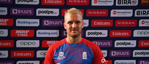Jason Roy of England poses after being named Player of the Match following the ICC Men's T20 World Cup match between England and Bangladesh at Sheikh Zayed stadium on October 27, 2021 in Abu Dhabi, United Arab Emirates.