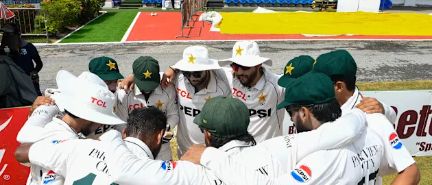 Pakistan players get ready for the start of the 1st day of the 2nd Test match between West Indies and Pakistan at Queens Park Oval, Port of Spain, Trinidad and Tobago, on August 02, 2026.