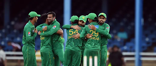 Imad Wasim celebrates the dismissal of Evin Lewis