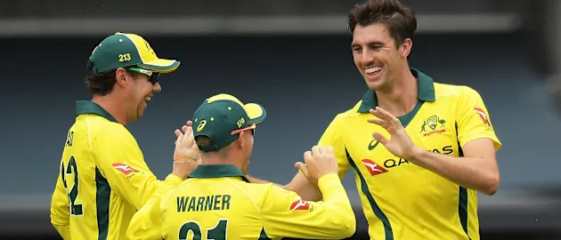 Cummins celebrates a wicket vs England