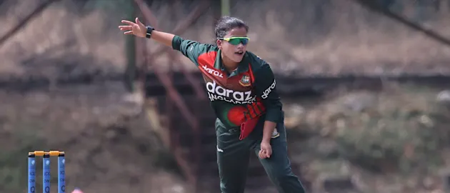 Nahida Akter of Bangladesh delivers a ball against Kenya