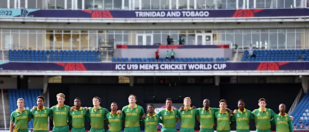 Players of South Africa line up for the National Anthems