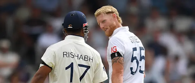 Ben Stokes speaks with Rishabh Pant during the first England-India Test