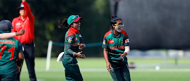 Fahima Khatun celebrates the Hat Trick with her teammates, 11th Match, Group A, ICC Women's World Twenty20 Qualifier at Utrecht, Jul 10th 2018.