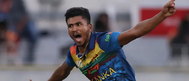 Dilshan Madushanka celebrates after bowling out India's Virat Kohli during the Asia Cup Twenty20 international cricket Super Four match between India and Sri Lanka at the Dubai International Cricket Stadium in Dubai on September 6, 2022.