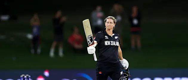 Sophie Devine of New Zealand celebrates her century during the 2022 ICC Women's Cricket World Cup match between New Zealand and the West Indies at Bay Oval on March 04, 2022 in Tauranga, New Zealand.
