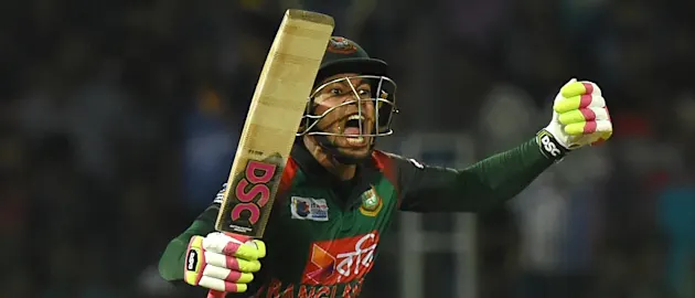Mushfiqur Rahim celebrates after guiding Bangladesh to a superb victory