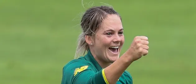Dane Van Niekerk celebrates the wicket of Chamari Polgampala of Sri Lanka.