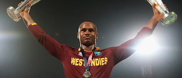 Samuels celebrates victory for the West Indies at the 2016 ICC Men's T20 World Cup