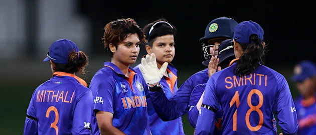 India players leave the field after being dismissed after winning the 2022 ICC Women's Cricket World Cup match between Pakistan and India at Bay Oval on March 06, 2022 in Tauranga, New Zealand.