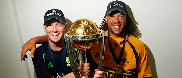 Andrew Symonds and Michael Clarke celebrate the 2007 World Cup triumph