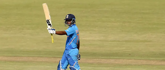 Divyaansh Saxena of India celebrates his half century during the ICC U19 Cricket World Cup Super League Semi-Final match between India and Pakistan at JB Marks Oval on February 04, 2020 in Potchefstroom, South Africa.