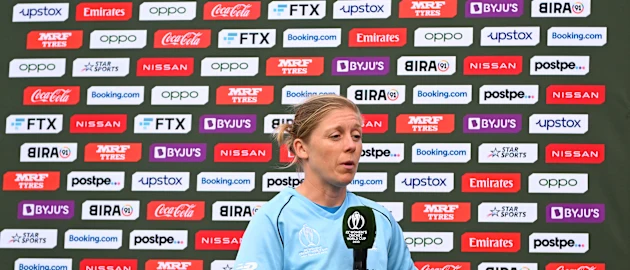 England captain Heather Knight is interviewed after her team's defeat during the 2022 ICC Women's Cricket World Cup match between West Indies and England at University Oval on March 09, 2022 in Dunedin, New Zealand.