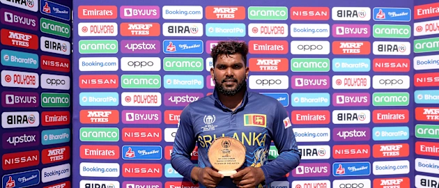 Wanindu Hasaranga of Sri Lanka poses for a photograph with the Player of the Match award after the ICC Men´s Cricket World Cup Qualifier Zimbabwe 2023 match between Sri Lanka and Oman at Queen’s Sports Club on June 23, 2023 in Bulawayo, Zimbabwe.