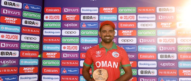 Shoaib Khan of Oman poses after being named Player of the Match following the ICC Men's Cricket WorldCup Qualifier Zimbabwe 2023 match between Oman and United Arab Emirates at Bulawayo Athletic Club on June 21, 2023 in Bulawayo, Zimbabwe.