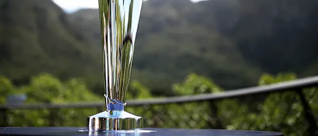 The ICC Women's T20 World Cup Trophy at the Kirstenbosch National Botanical Gardens on February 25, 2023 in Cape Town, South Africa.