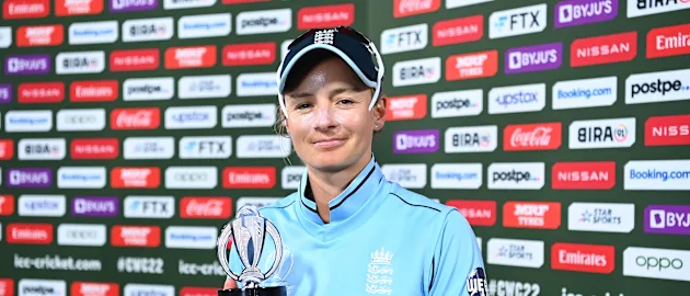 Danielle Wyatt of England poses with the Player of the Match award after the 2022 ICC Women's Cricket World Cup Semi Final match between South Africa and England at Hagley Oval on March 31, 2022 in Christchurch, New Zealand.