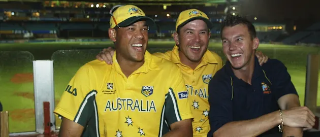 Andrew Symonds, Ricky Ponting and Brett Lee celebrate after a victory over Sri Lanka in the semi-finals of the 2003 World Cup