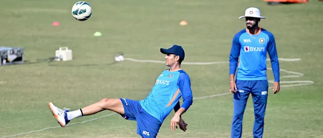Shubman Gill shows off his football skills at training
