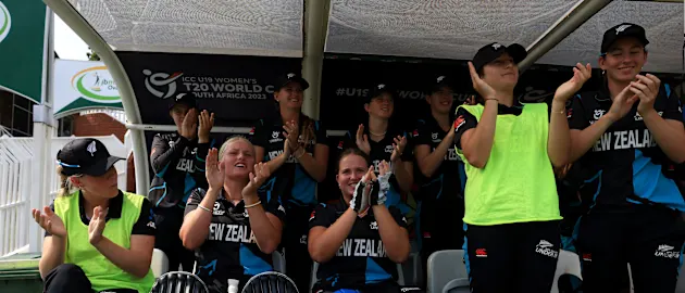 Players of New Zealand celebrate following the ICC Women's U19 T20 World Cup 2023 match between New Zealand and West Indies at JB Marks Oval on January 19, 2023 in Potchefstroom, South Africa.