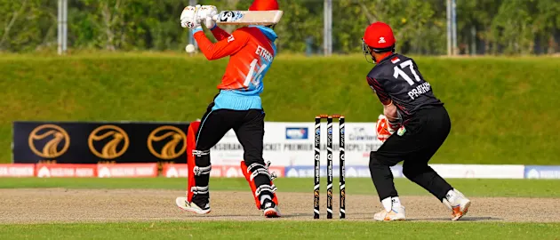 Singapore and Kuwait players in action in the ICC U19 Men's CWC Asia Division 1 Qualifier 2023
