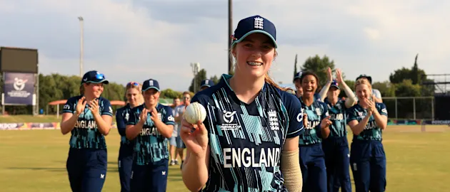 Ellie Anderson of England poses with the match ball after taking 5-12 following the ICC Women's U19 T20 World Cup 2023 Super 6 match between England and West Indies at JB Marks Oval on January 25, 2023 in Potchefstroom, South Africa.