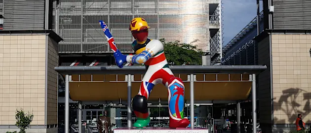 A general view of a giant cricket statue during the ICC Cricket World Cup 2019 at Millennium Square on June 1, 2019 in Bristol, England.