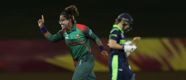 Rumana Ahmed of Bangladesh celebrates a wicket as both teams practice a super-over during the ICC Women's World T20 warm up match between Bangladesh and Ireland on November 4, 2018 at the Guyana National Stadium in Providence, Guyana.