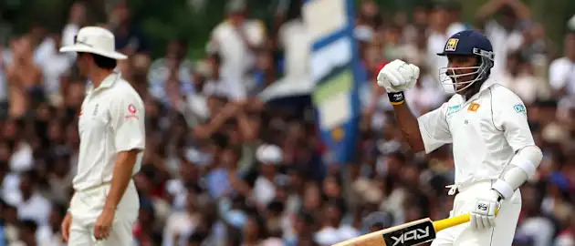 Mahela Jayawardene celebrates reaching 200 against England at Galle in 2007