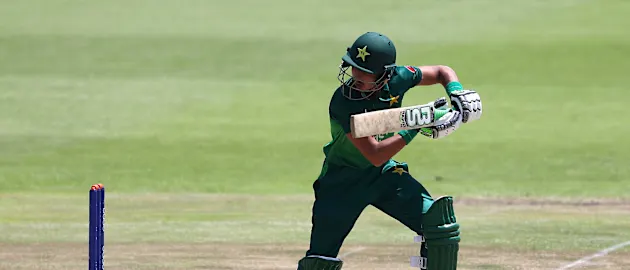 Mohammad Huraira of Pakistan hits the ball towards the boundary during the ICC U19 Cricket World Super League Quarter Final match between Afghanistan and Pakistan at Willowmoore Park on January 31, 2020 in Benoni, South Africa.